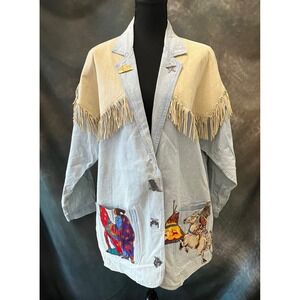 Vintage Western Denim‎ Reworked Jacket Fringe Cowboy Cowgirl Native American Art